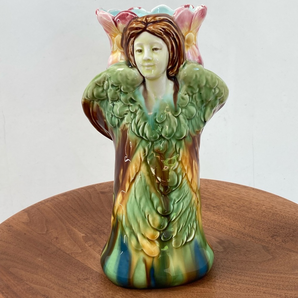 Vintage | Majolica Female Figure with Angel Wings Vase.